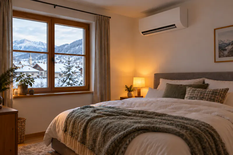 Split-Klimagerät heizt ein Schlafzimmer an einem Wintertag