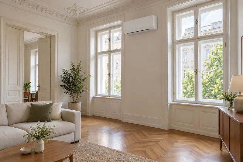 Innengerät einer Luft-Luft-Wärmepumpe in einer Altbauwohnung mit hohen Räumen und Stuck