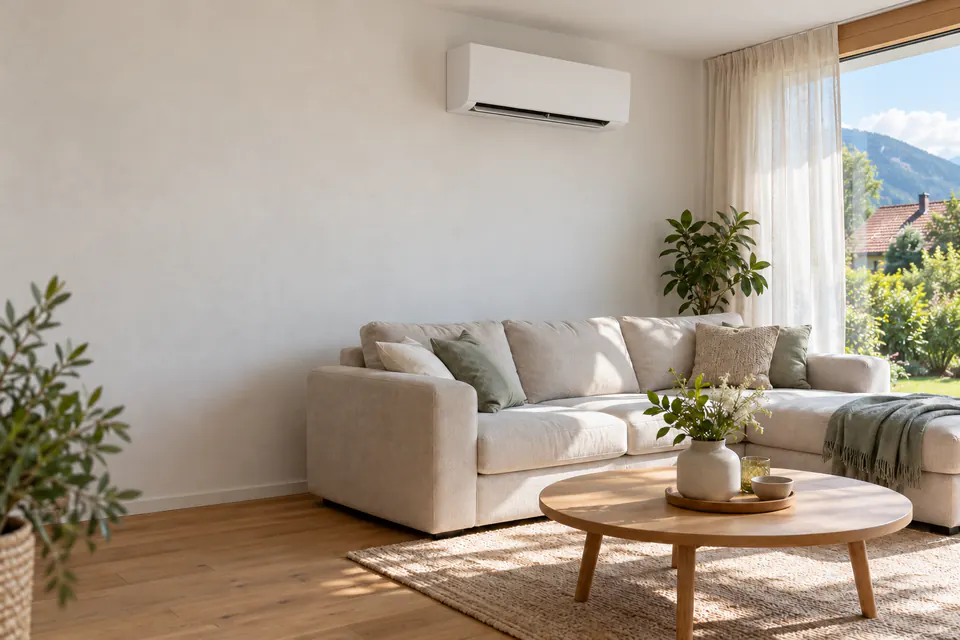 Innengerät einer Luft-Luft-Wärmepumpe über der Tür in einem hellen Wohnzimmer