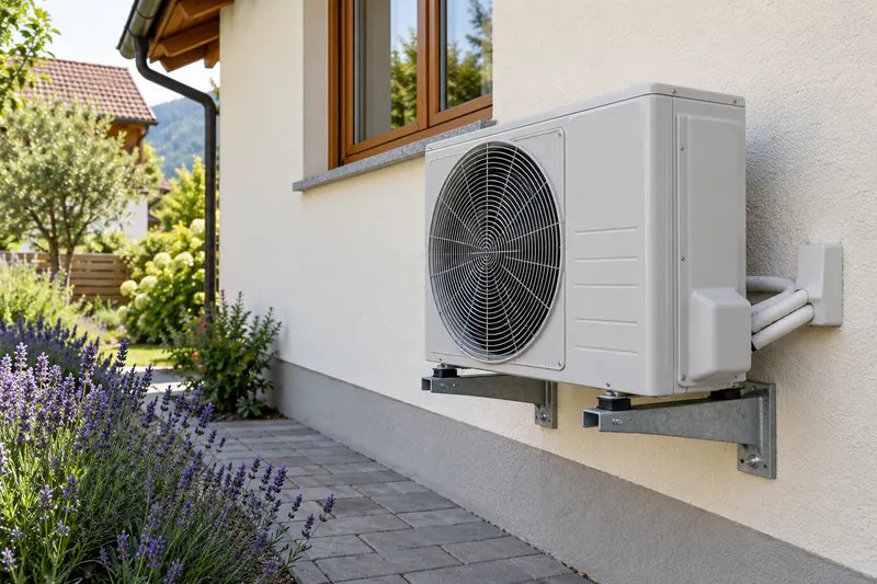Außengerät einer Luft-Luft-Wärmepumpe auf Wandkonsole an der Hauswand